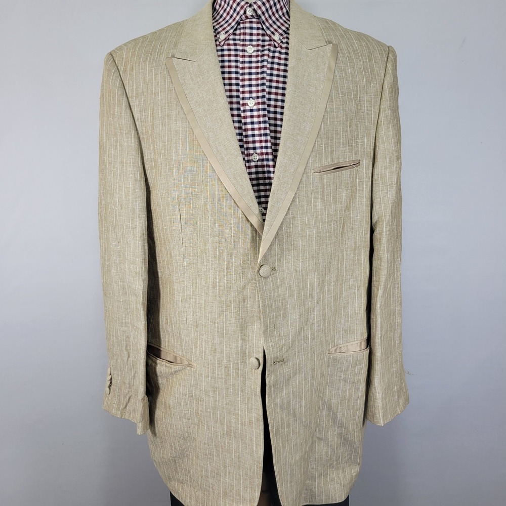 BLU Martini Men's Sport Coat Blazer Two Button Beige Striped Linen Size 48L